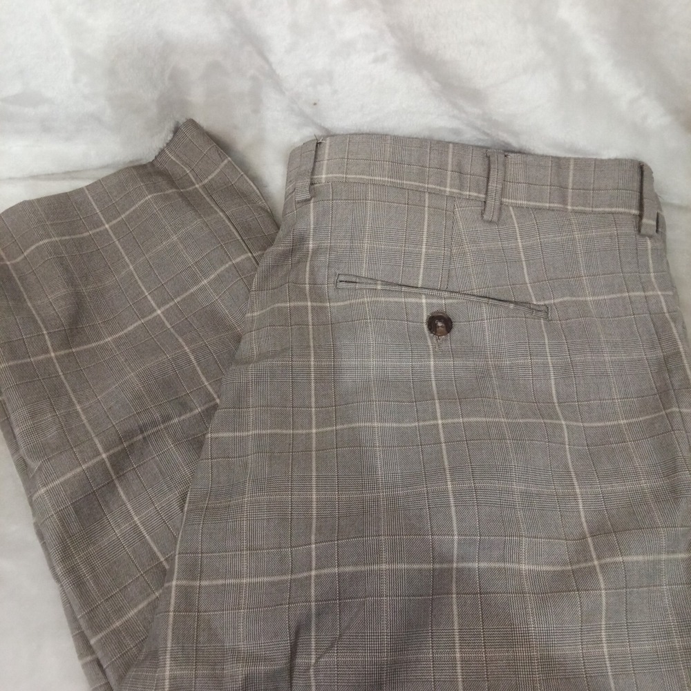 Daniel Cremieux Signature Gray Tan Plaid Dress Pants Mens 40x32 Stretch